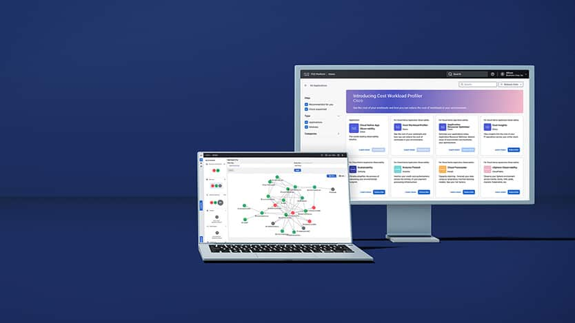 Desktop and laptop screens showing dashboard of Cisco's Full-Stack Observability Platform