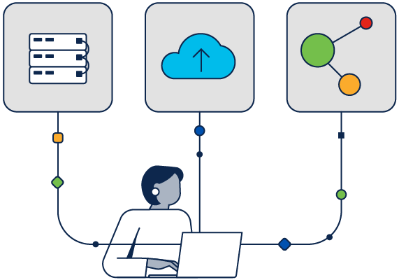 Illustration d'un professionnel de l'informatique se connectant à un ordinateur portable pour observer les connexions entre le site et le nuage, la sécurité du réseau et la performance des applications.